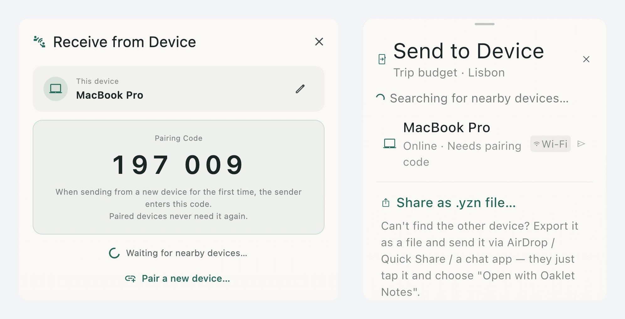 Direct Share in Oaklet Notes: Receive from Device on a Mac showing its pairing code, and Send to Device on an iPhone listing that Mac