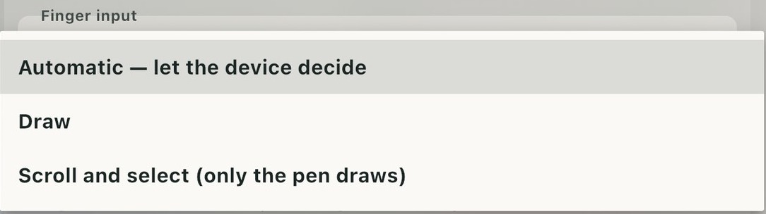 The Finger input menu in Oaklet Notes on iPad, showing Automatic, Draw, and Scroll and select (only the pen draws)